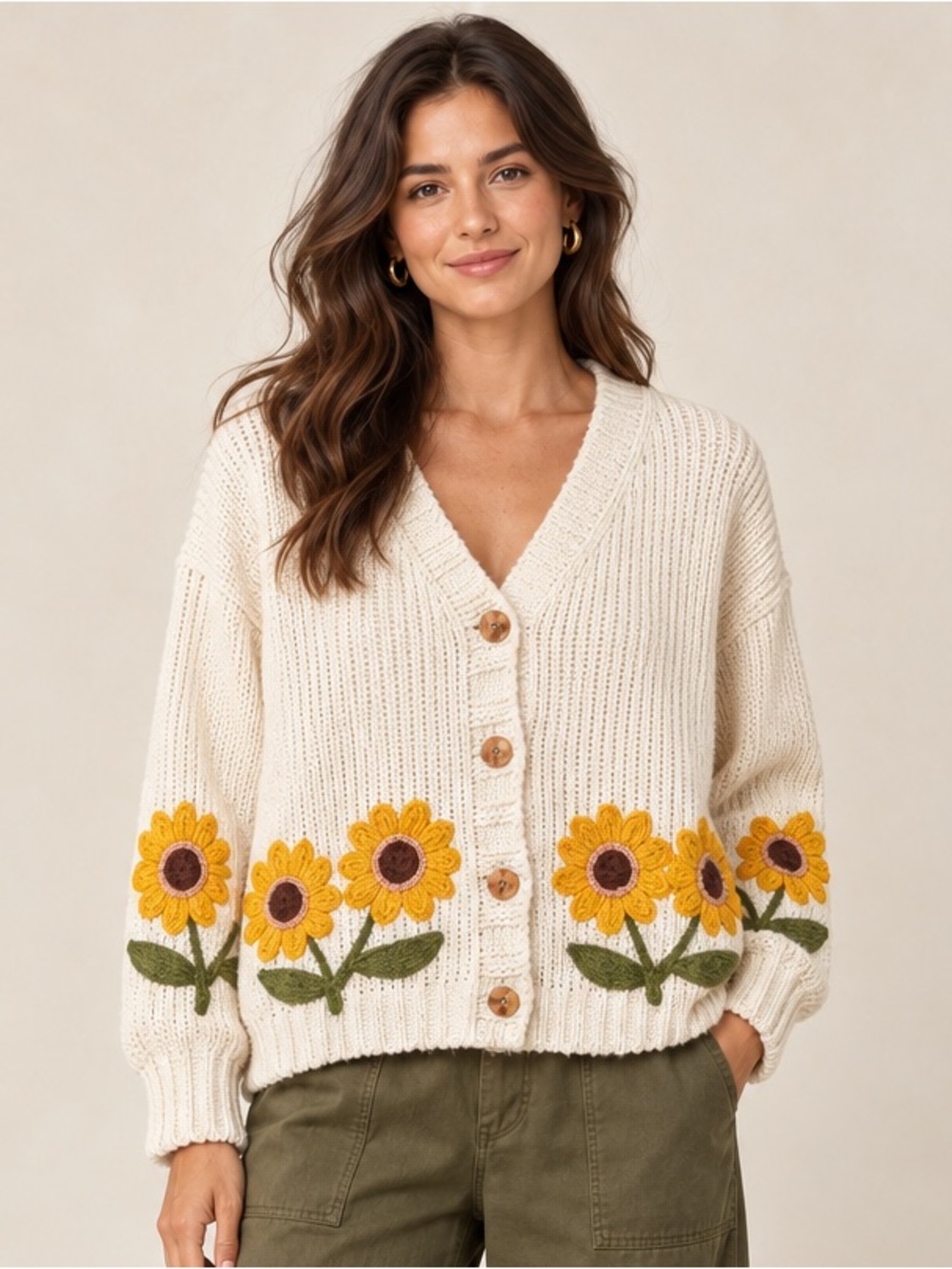 Mello Cream Sunflower Embroidered V-Neck Cardigan